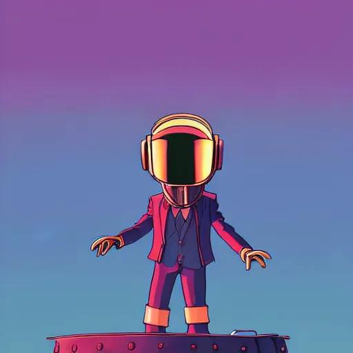 Prompt: a study of cell shaded cartoon of a daft punk in the style of howl's moving castle ( 2 0 0 4 ) on a desert road, full body, wide shot, very muted colors, post grunge, studio ghibli, laurie greasley, highly detailed, deviantart, art by artgem