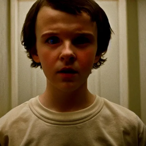 Image similar to A still of Eleven from Stranger Things giving the Kurbick stare in The Shining (1980)