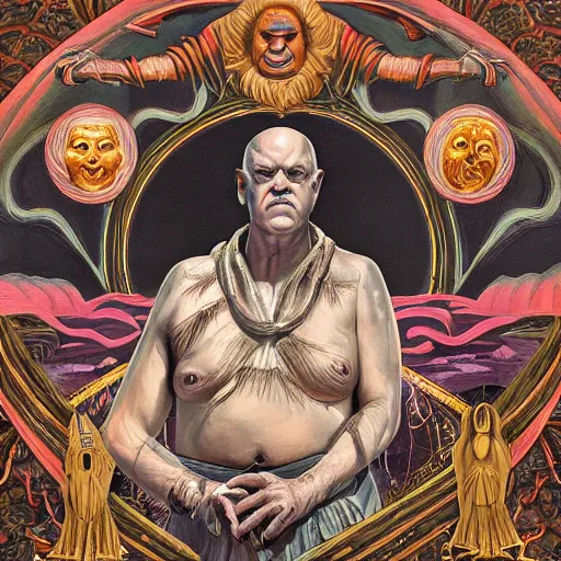 Image similar to a highly detailed occult painting of Aleister Crowley pointing up, cenobyte, hexglow, contracept, wildcards, denizens, matte painting, glowing eyes, felipe pantone, pascal blanche, pascal blanche, mohrbacher, blanche, and across the face portrait, big daddy ross painting, wide shot, an expansive view of the sun, intricate details, epic, dramatic, cinematic lighting, hyperrealistic, skeletal, elaborate, furniture, dreamy, machine, robot, cardboard, dark, inception, cinematic lighting, surrealism style, muted colors, soft tones, pastel colors, ornate in the dnd art style on album cover, unreal