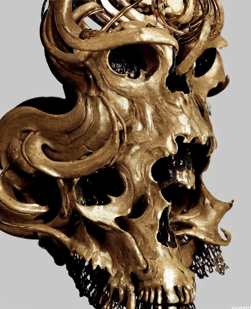 Image similar to goddess princess face close-up portrait ram skull. sculpture made of black clay and gold. jellyfish phoenix head, nautilus, orchid, skull, betta fish, bioluminiscent creatures, intricate artwork by Tooth Wu and wlop and beeple. octane render, trending on artstation, greg rutkowski very coherent symmetrical artwork. cinematic, hyper realism, high detail, octane render, 8k