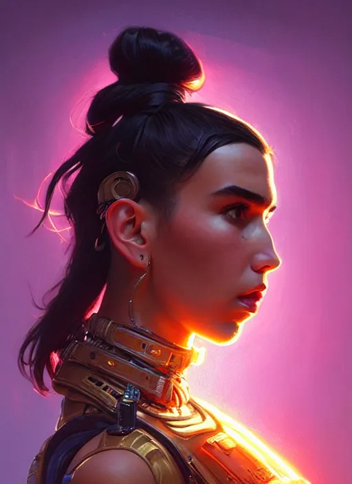 Image similar to portrait of apex legends dua lipa, intricate, elegant, glowing lights, highly detailed, digital painting, artstation, glamor pose, concept art, smooth, sharp focus, illustration, art by artgerm and greg rutkowski, artey freytag