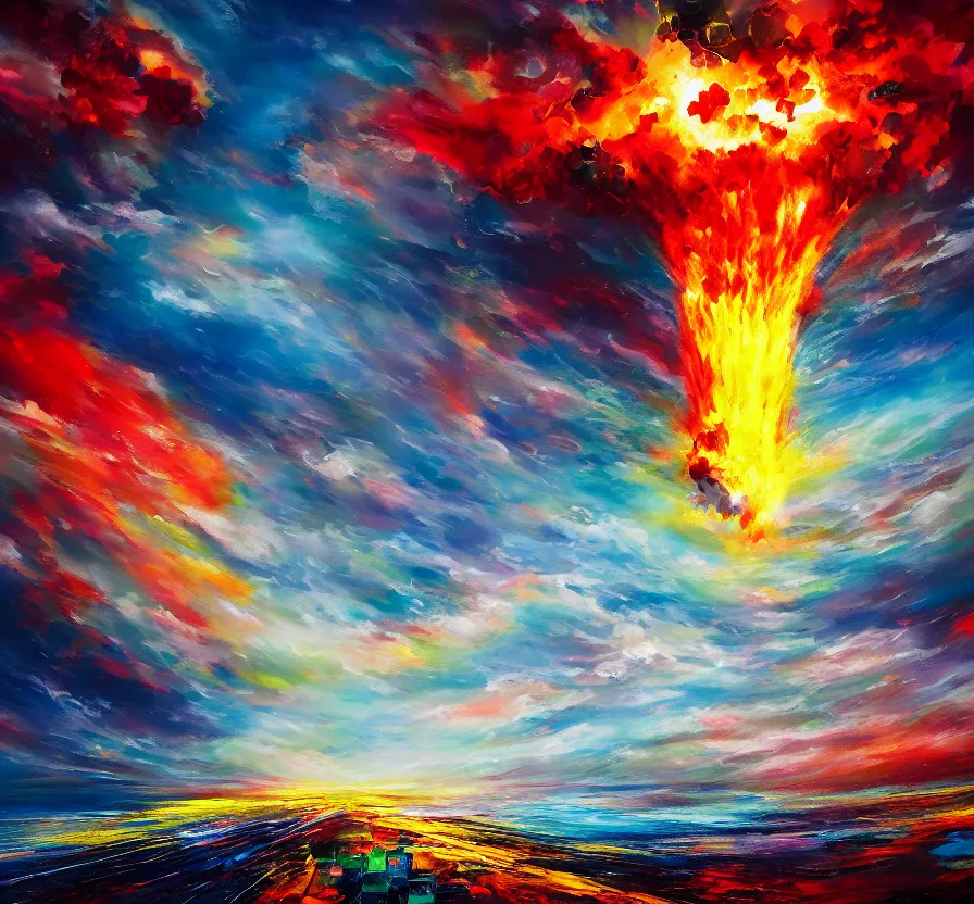 Image similar to nuclear explosion, abstract, acrilic paint, brush paint, heavenly atmosphere, paint, ultra detailed, beautiful image, resolution, artstation