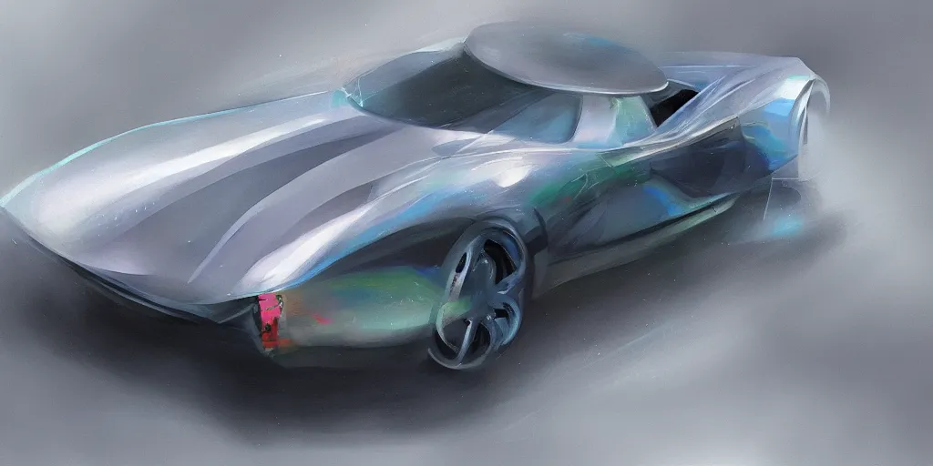 Prompt: full view of a car, painted in silver rainbow holographic pearlescent, elegant, digital painting, concept art, smooth, sharp focus, art style from Wang Ke and Greg Rutkowski and Bruce Kaiser and Scott Robertson and Dmitry Mazurkevich and Doruk Erdem and Jon Sibal, small style cue from Blade Runner