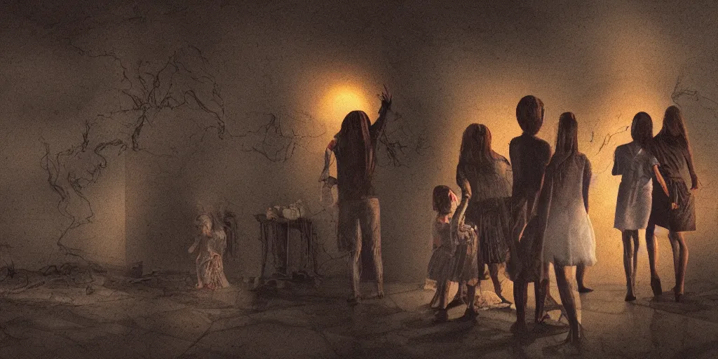Image similar to a digital illustration of a demonic spirit haunting a family at the edge of madness