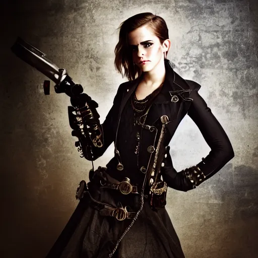 Image similar to emma watson, steampunk style, studio portrait photo, 50mm lens