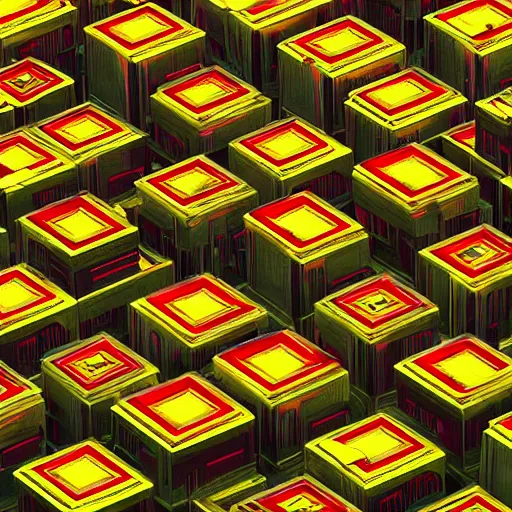 Image similar to a bunch of yellow and red boxes stacked on top of each other, a raytraced image by huang ding, cgsociety, generative art, rendered in cinema 4 d, terragen, physically based rendering
