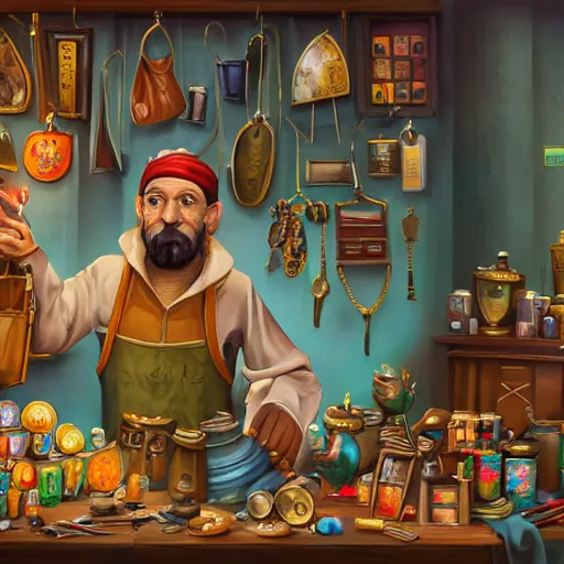 Image similar to Anthropomorphized parrot trader in his shop, selling his wares, portrait, items, gold, magic potions, carpet, window, sly expression , cunning expression, cute expression, cute eyes, presenting wares, holding a gold bag, D&D, fantasy, cinematic lighting, highly detailed, digital painting, artstation, concept art, smooth, sharp focus, illustration, warm light, cozy warm tint, magic the gathering artwork, volumetric lighting, 8k, art by Akihiko Yoshida, Greg Rutkowski