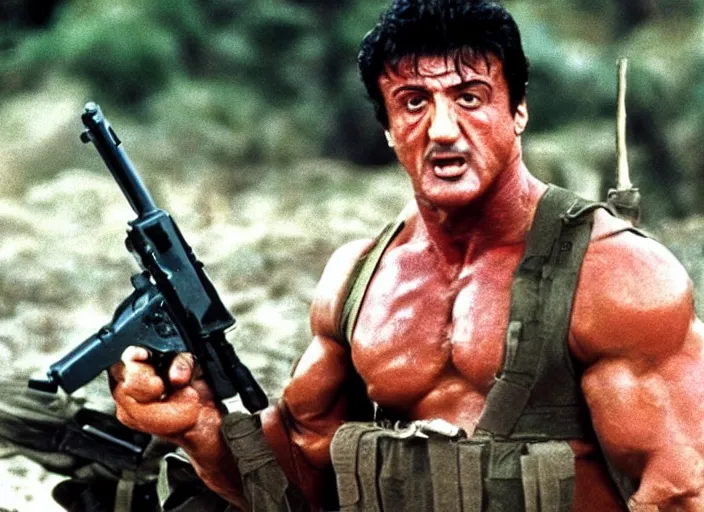 Image similar to sylvester stallone in a still from the movie Commando (1985)