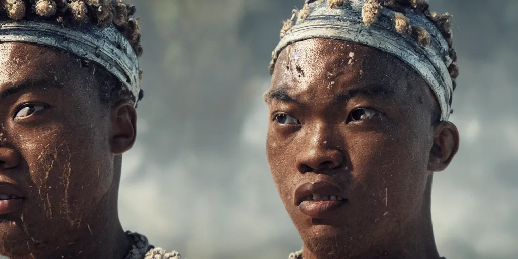 Image similar to a film still of a black boy starring in a japanese blockbuster film as ancient samurai, intense, shallow depth of field, cinematic, award winning cgi, vfx, film still