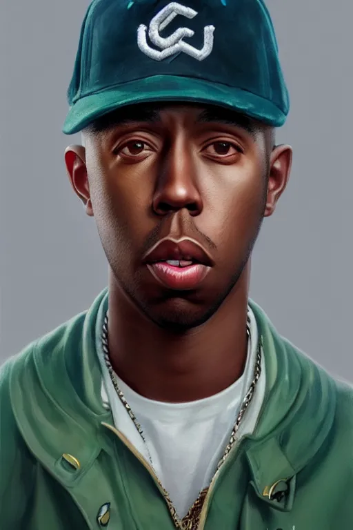 Prompt: photorealistic portrait of tyler the creator with baseball hat, staring directly into camera, intricate, elegant, glowing lights, highly detailed, digital painting, artstation, sharp focus, illustration, art by wlop, mars ravelo and greg rutkowski
