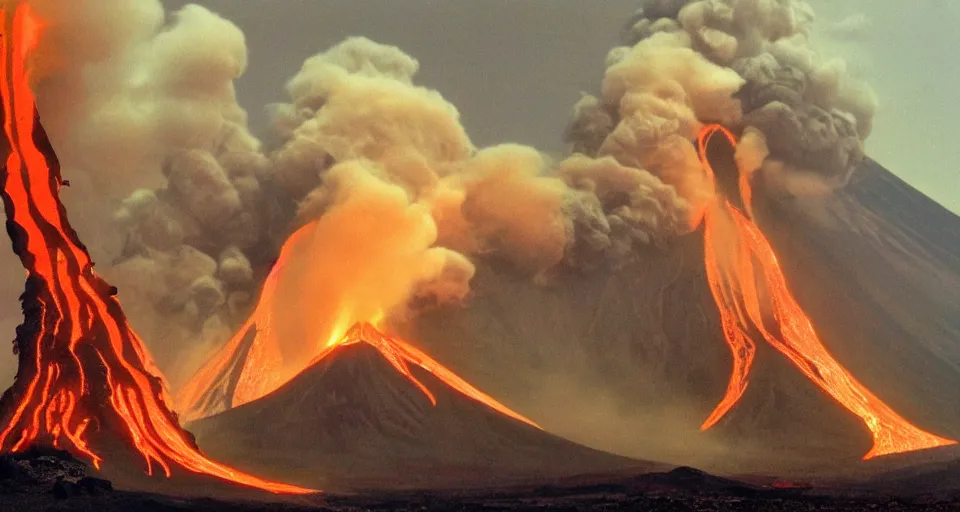 Image similar to a volcano made of ivory vines and crimson rocks enters in eruption, it spits a smoke in the shape of demonic eye, by burns jim
