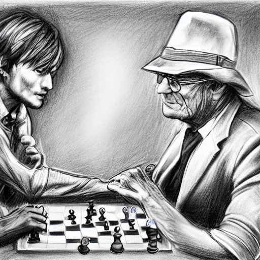 Prompt: Hideo Kojima and Fred Dibnah sit down to play chess, pencil drawing