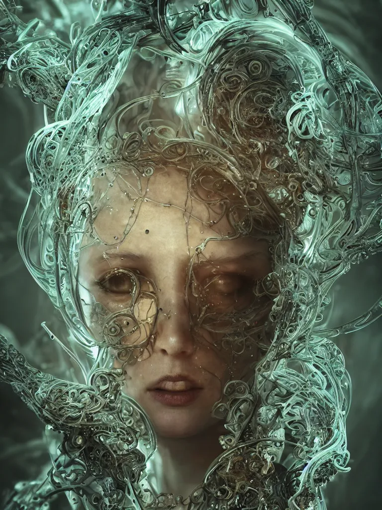 Image similar to beautiful portrait of the priestess of pain and sorrow, bio-mechanical cathedral ,intricate tendrils, chaotic swirling ferrofluids, baroque, octane render, glow, surreal dramatic lighting, intricate details and ornaments, 8k, cinematic, blur, shallow depth of field, neuro web, plasma, neon