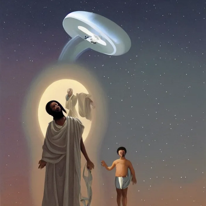 Prompt: a UFO hovering over an African Jesus, painting by Hsiao-Ron Cheng,