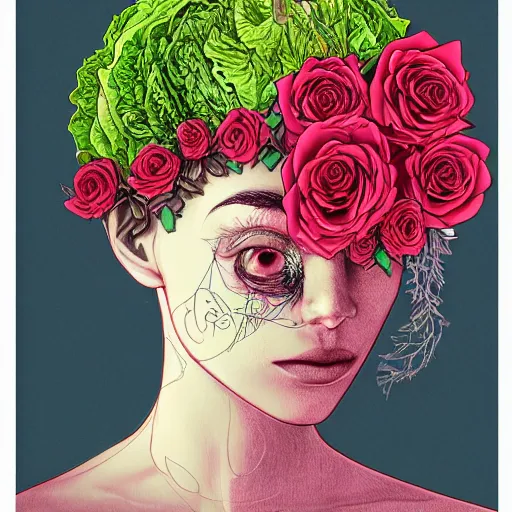 Image similar to the anatomy of a head of lettuce with roses that resemble a beautiful woman, an ultrafine detailed illustration by james jean, intricate linework, bright colors, final fantasy, behance contest winner, vanitas, angular, altermodern, unreal engine 5 highly rendered, global illumination, radiant light, detailed and intricate environment