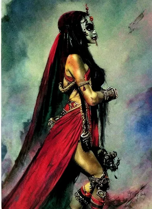 Image similar to female indian vampiress, jeweled veil, heavy mascara, strong line, saturated color, beautiful! coherent! by frank frazetta, high contrast, minimalism