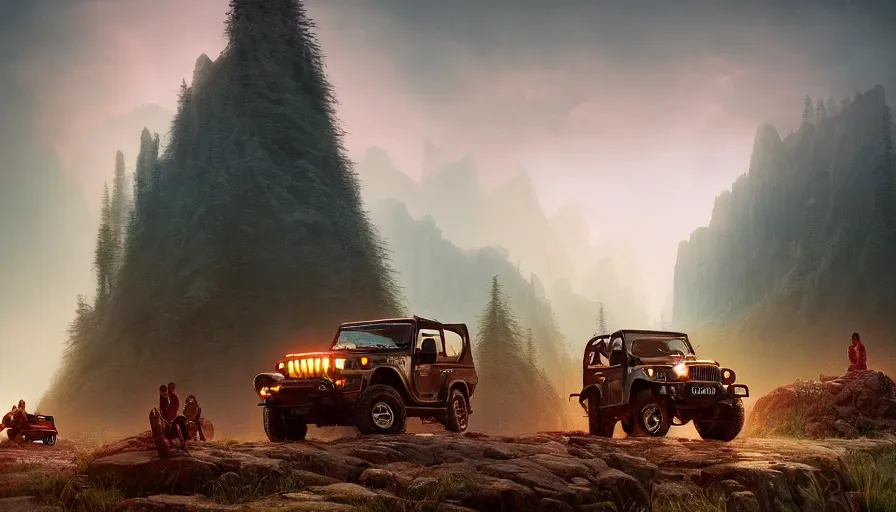 Image similar to Mahindra thar, tribe members watching nearby, an epic fantasy, dramatic lighting, cinematic, establishing shot, extremely high detail, photorealistic, cinematic lighting, artstation, by simon stalenhag, horizon forbidden west