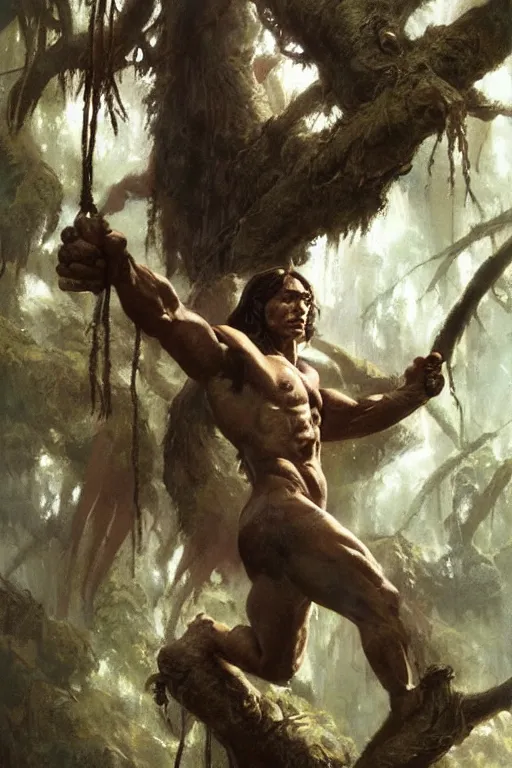 Image similar to tarzan swinging from trees, by Frank Frazetta, Greg Rutkowski, Boris Vallejo, epic fantasy character art, Exquisite detail, post-processing, low angle, masterpiece, cinematic