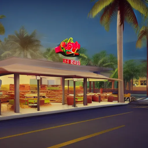 Image similar to fast food restaurant with palm trees, concept art, octane render