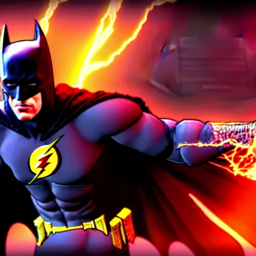 Image similar to ultra detailed fight between batman and the flash, unreal engine, extremely detailed, epic, dark