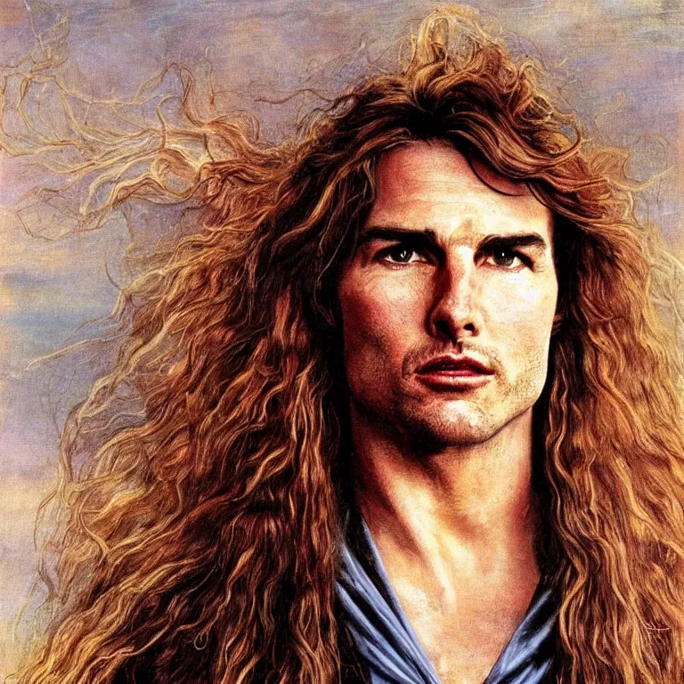 Prompt: Pre-Raphaelite portrait of Tom Cruise as the leader of a cult 1980s heavy metal band, with very long blond hair and grey eyes, small pendant around neck. high saturation