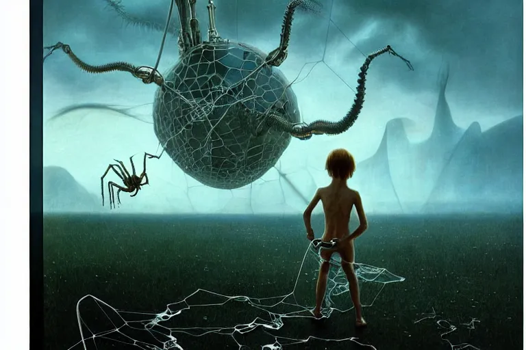 Image similar to realistic detailed photorealistic film portrait shot of a ghost kid playing with giant spider, futuristic sci-fi landscape on background by Denis Villeneuve, Amano, Yves Tanguy, Alphonse Mucha, Ernst Haeckel, Max Ernst, Andrei Tarkovsky, Edward Robert Hughes, Roger Dean, necklace, dynamic pose, rich moody colours, wide angle, blue eyes