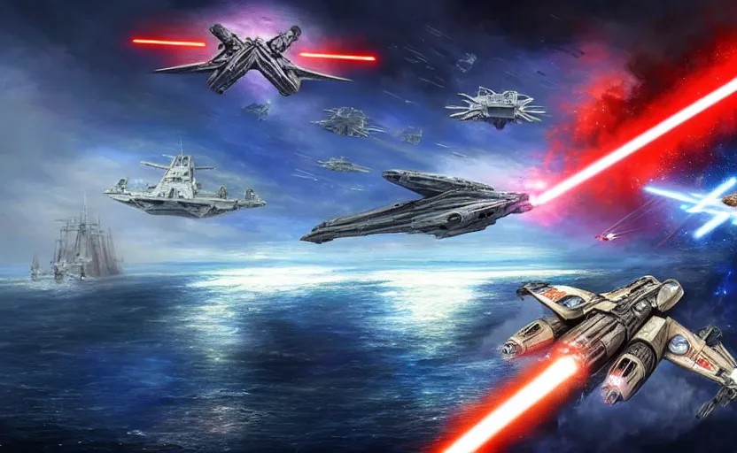 Image similar to epic naval battle, star wars x wing. by artstation trending, by joseph mallord william turner, luis royo, konstantin razumov, cinematic lighting, fractal flame, highly detailed