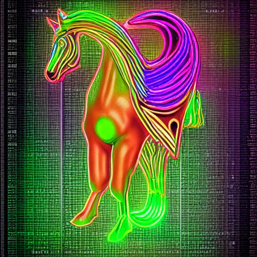 Image similar to digital horse, glowing circuit board patterns along body, retrowave palette, highly detailed, anatomically correct equine, digital art