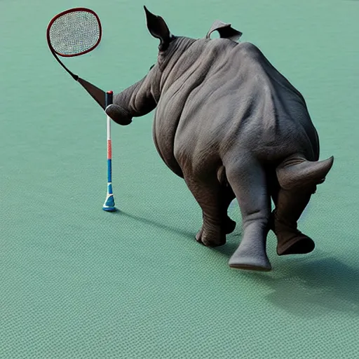 Image similar to rhinoceros playing badminton, photorealistic, detailed