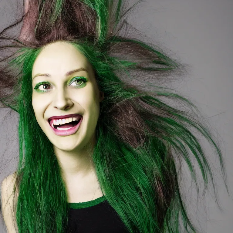 Prompt: a portrait image of a skinny 28 year old attractive woman with green hair and large striking bright yellow eyes, a large mouth and thick lips with a genuinely happy expression looking directly at the camera