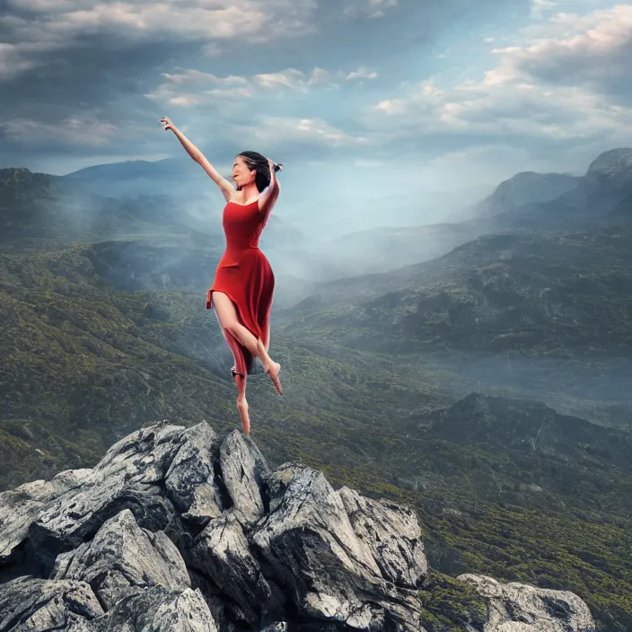 Prompt: a woman dancing on top of a very high surreal building on top of the mountains, nature, plants, fire, rocks, water, bark, hyper realism, high detail, octane render, 8k, chrome accents