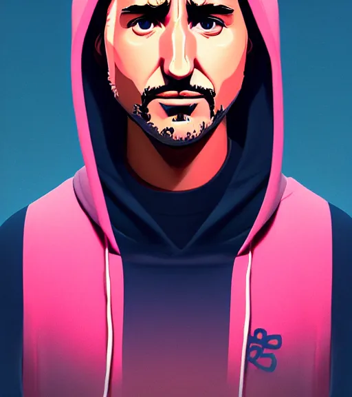 Image similar to face icon stylized minimalist justin trudeau pink hoody glock!!, loftis, cory behance hd by jesper ejsing, by rhads, makoto shinkai and lois van baarle, ilya kuvshinov, rossdraws global illumination