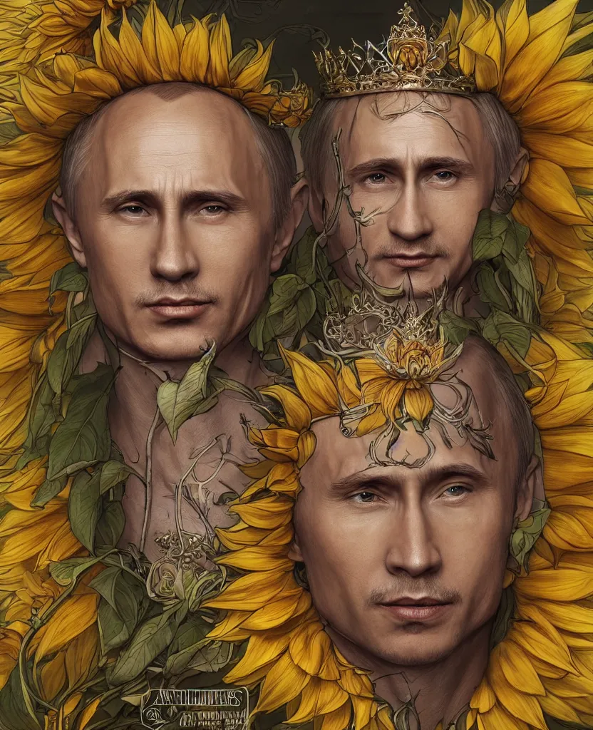 Image similar to digital art, centered full body of young any old Putin smiling king, Sunflower crown, ,intricate, veins, by James Jean and by artgerm , by ross tran ultradetailed, charachter design, concept art, trending on artstation,