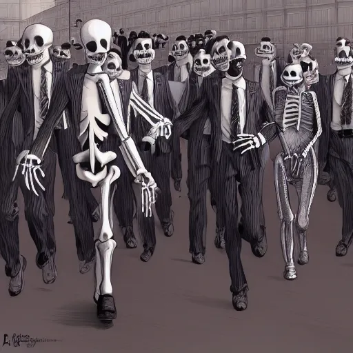 Prompt: a long queque of skeleton dressed with suit walks to an Apple factory, 2d, ultra highly detailed, digital painting, smooth, sharp focus, artstation, pixiv, art by Ilya Kuvshinov