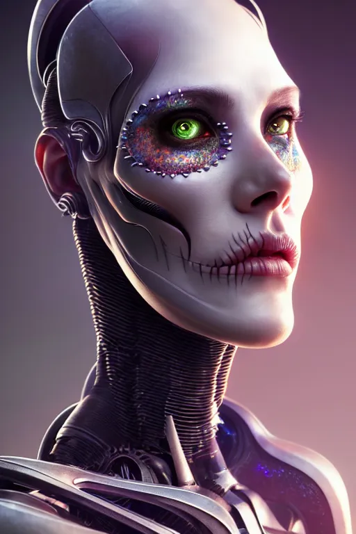 Image similar to ultra detailed side portrait of female android, sharp focus, sci - fi, fantasy art, digital illustration, dia de los muertos. octane render, unreal engine, global illumination, intricate detailed. concept art. art by artgerm and wlop and giger and greg rutkowski and rossdraws and alphonse mucha, 8 k
