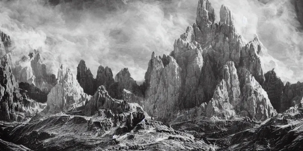 Prompt: 1920s photography of huge bonfire, dolomites in the background, occult signs, fire, alp, dolomites, alpine, detailed intricate insanely detailed octane render, 8k artistic 1920s photography, photorealistic, black and white, chiaroscuro, hd, by David Cronenberg, Raphael, Caravaggio