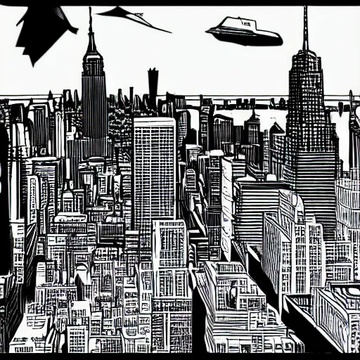 Image similar to new york city skyline in comic book style, dot shaded, high detail, art by stan lee