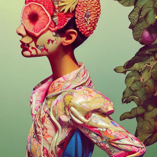 Image similar to pretty model with fruit : : by martine johanna and simon stalenhag and chie yoshii and casey weldon and wlop : : ornate, dynamic, particulate, rich colors, intricate, elegant, highly detailed, vogue, harper's bazaar art, fashion magazine, smooth, sharp focus, 8 k, octane render