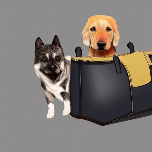 Image similar to 2 dogs in bag, photorealistic