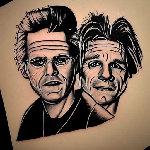 Image similar to tattoo design, stencil, portrait of marty and the doc from back to the future by artgerm