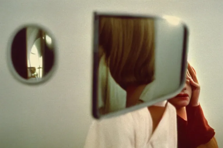 Image similar to close-up color film photography 1970s, woman standing near mirror, soft light, 35mm, film photo, Joel Meyerowitz