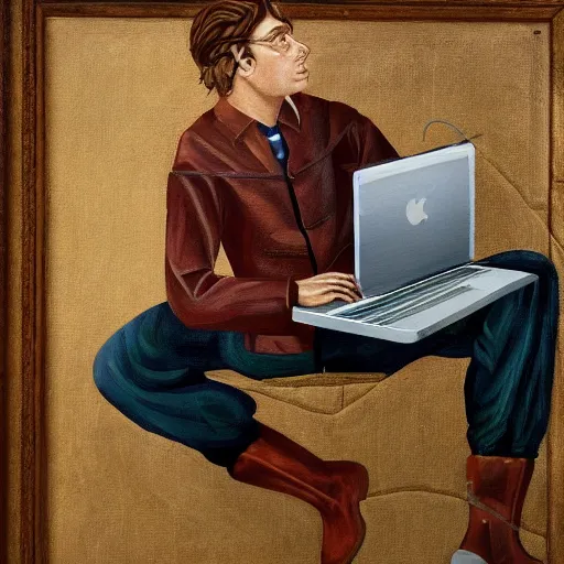Image similar to detailed intricate socialrealism painting of web designer with laptop, heroic, beautiful