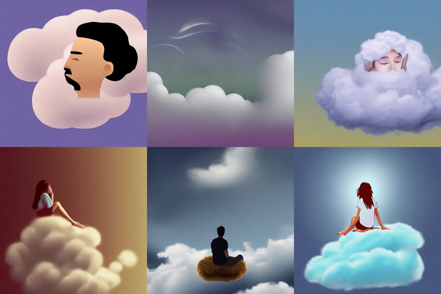 Prompt: a person sitting on a fluffy cloud, digital art