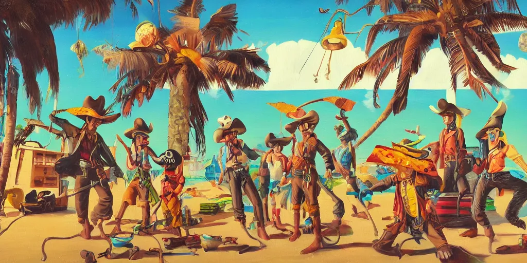 Prompt: Monkey cowboys pirates and tropical island, retro future, oil paint on canvas