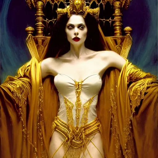 Image similar to perfectly centered portrait of beautiful vampire queen in gold gothic robe sitting on a throne of white bones, painting by gaston bussiere, craig mullins, j. c. leyendecker, 8 k, mid shot