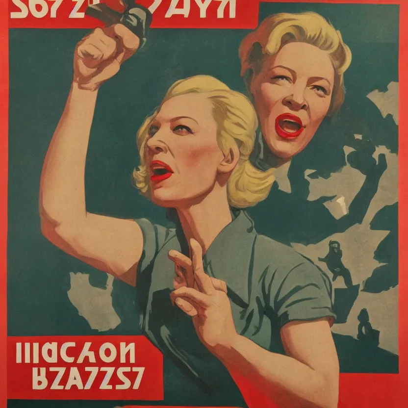 Image similar to soviet propaganda poster with cate blanchett calling on the world community to fight against Nazism, Ultra Detailed, high resolution, soviet realism