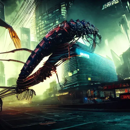 Prompt: a giant terrifying cyber shrimp destroying a dystopian city, cyberpunk, dystopian, god, evil, villain, sharp focus, dynamic lights, still, photograph, hyper realistic, masterpiece, octane render, rendered, 3 d, cinematic, cinematic lighting, dramatic lighting, highly detailed, intricate details, texture, cinematic composition, by donglu yu and kevin jick and eddie del rio
