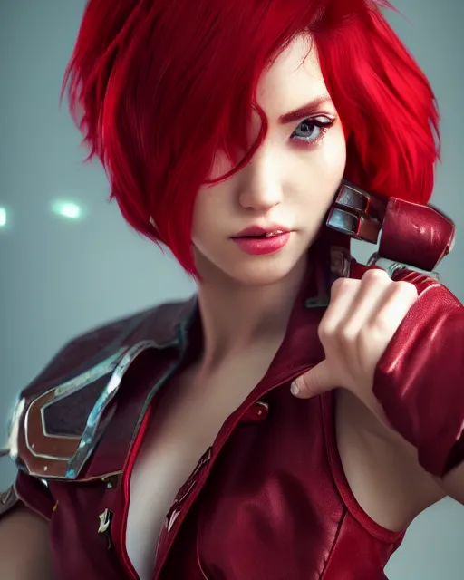 Image similar to a girl with short red hair, cool, vi from arcane, league of legends, fighter, cool red jacket, tattoo, beautiful, 3 d, potrait, art staion, studio light, closeup shot, octane render, wlop