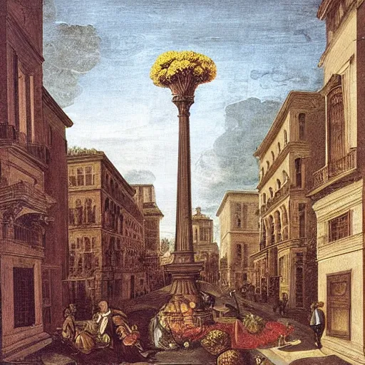 Image similar to print. a cityscape. the different colors and shapes represent different parts of the city. renaissance, dandelion by annibale carracci