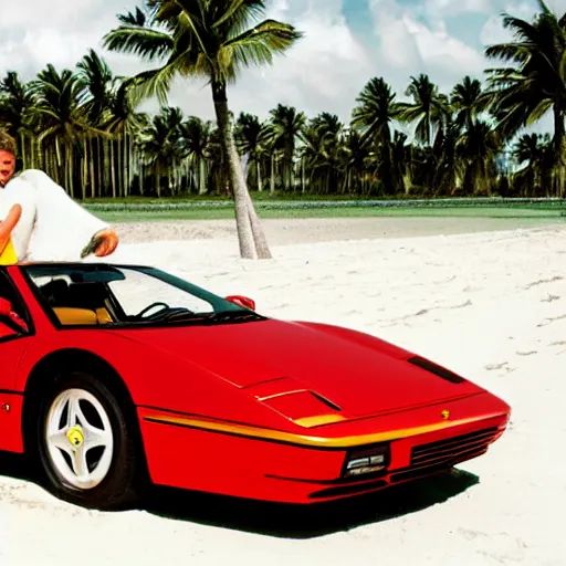 Image similar to a photograph of a stunning blonde woman, sat next day a man with brown hair in a Ferrari Testarossa on a road next to a white sand beach with palm trees